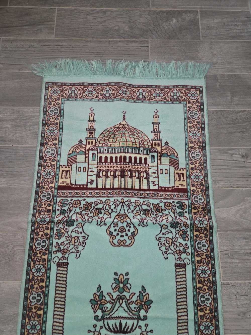 Turquoise Mosque Prayer Rug with Fringe